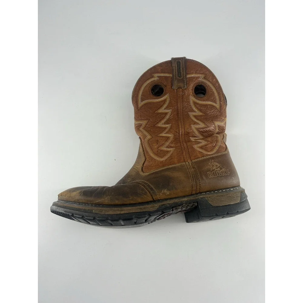ROCKY Roper Cowboy Boots Mens Sz 12 M Brown Leather Western Rodeo Sddle Azt Ocre
